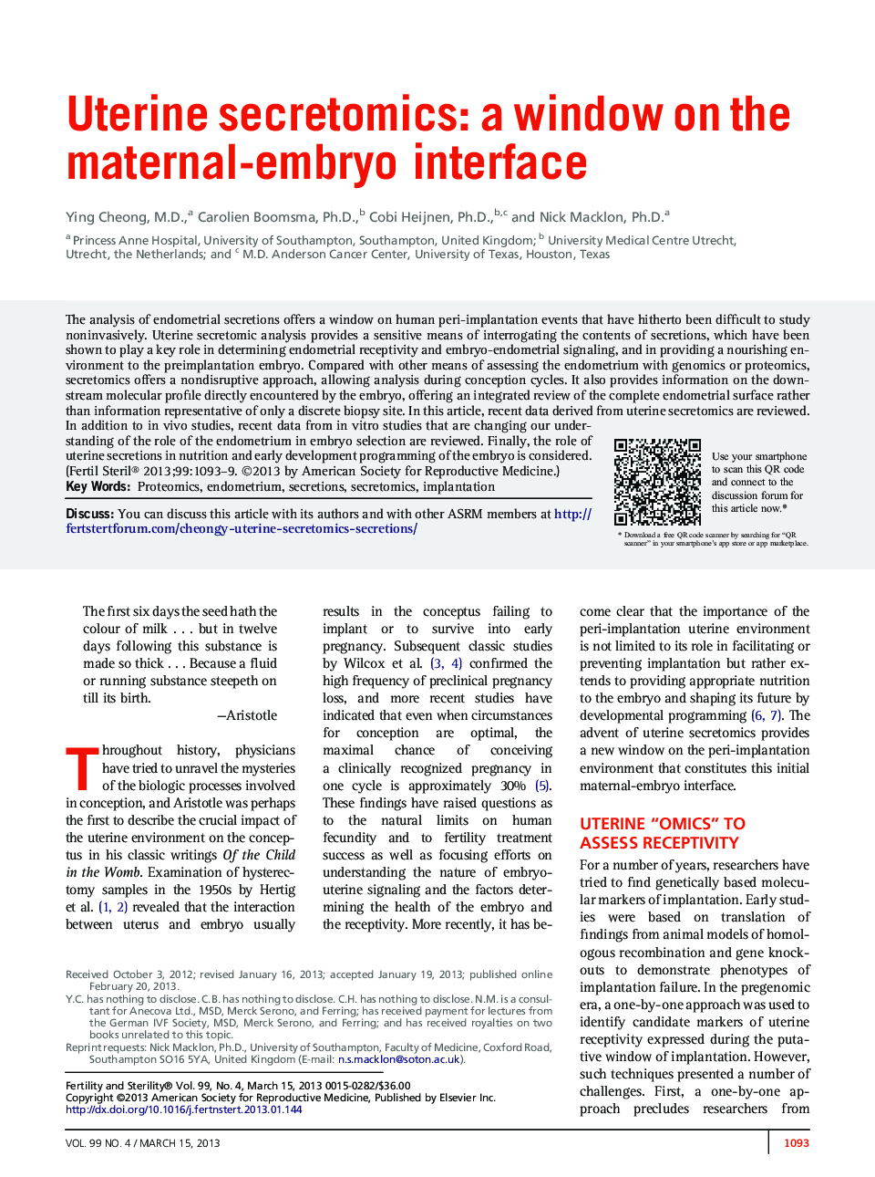 Uterine secretomics: a window on the maternal-embryo interface 