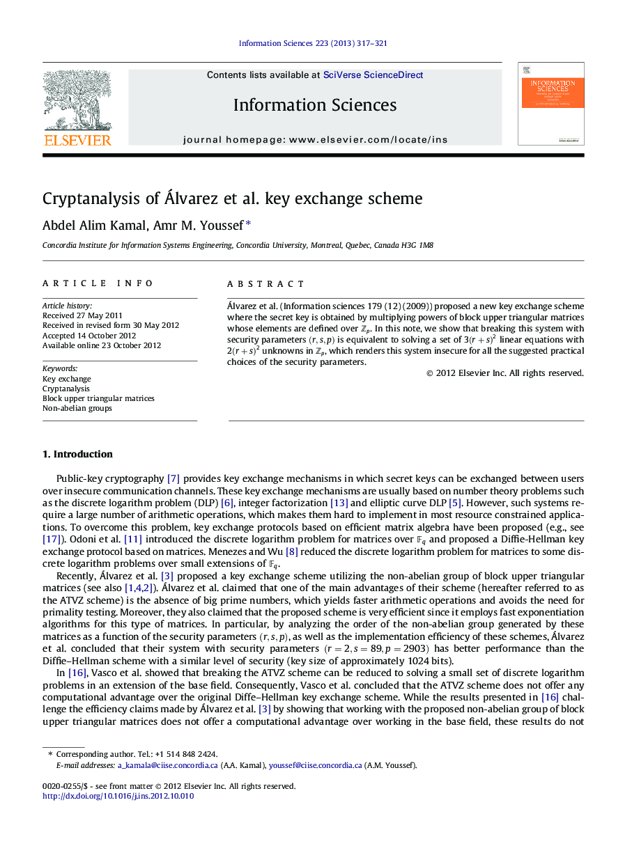 Cryptanalysis of Álvarez et al. key exchange scheme