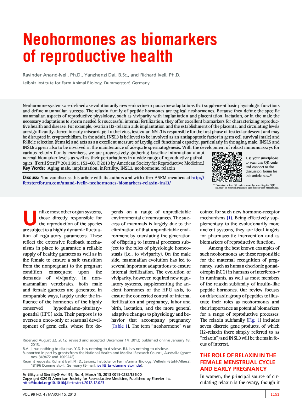 Neohormones as biomarkers of reproductive health 