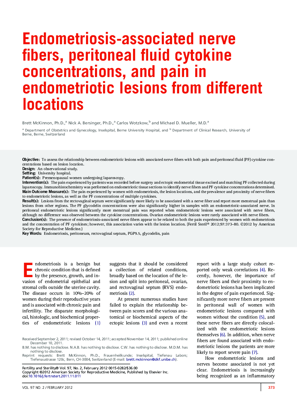 Endometriosis-associated nerve fibers, peritoneal fluid cytokine concentrations, and pain in endometriotic lesions from different locations 