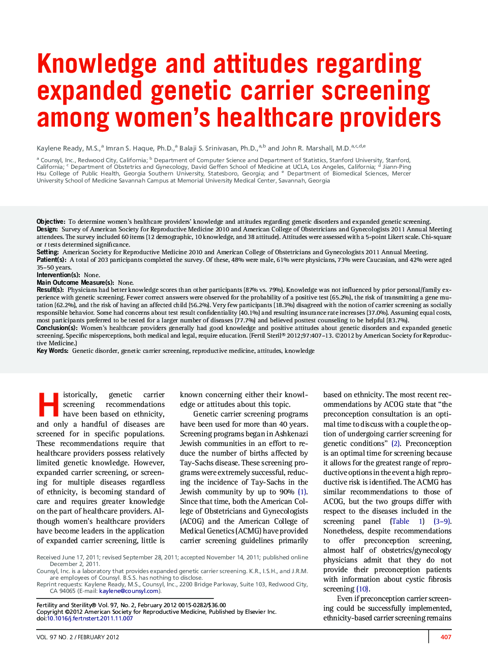 Knowledge and attitudes regarding expanded genetic carrier screening among women’s healthcare providers 