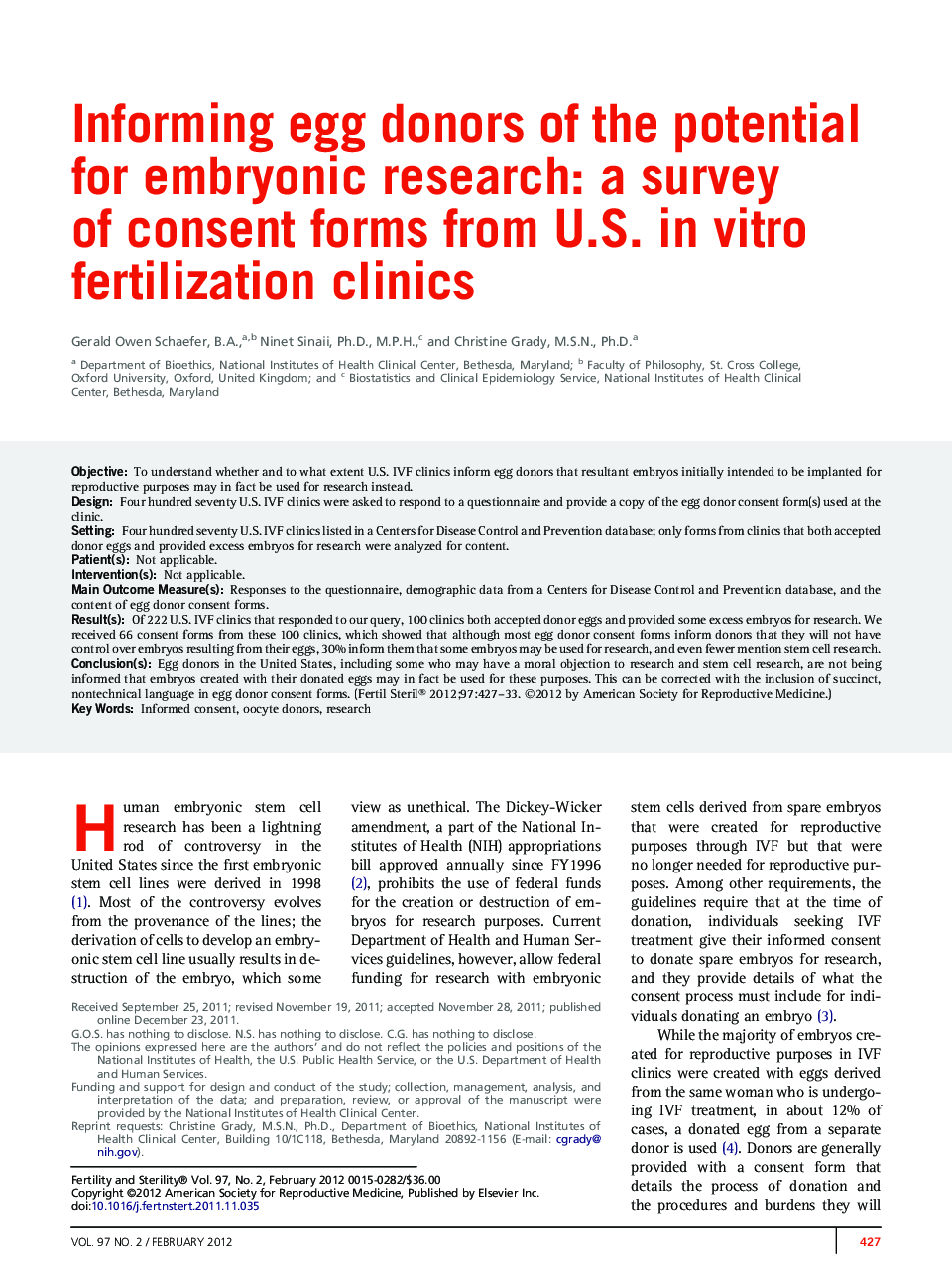 Informing egg donors of the potential for embryonic research: a survey of consent forms from U.S. in vitro fertilization clinics 