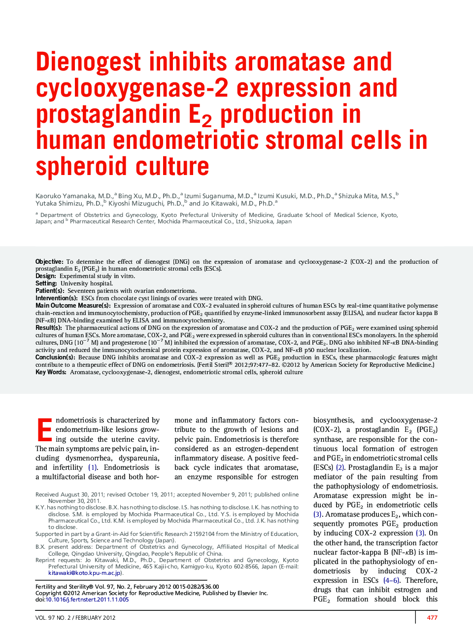 Dienogest inhibits aromatase and cyclooxygenase-2 expression and prostaglandin E2 production in human endometriotic stromal cells in spheroid culture 