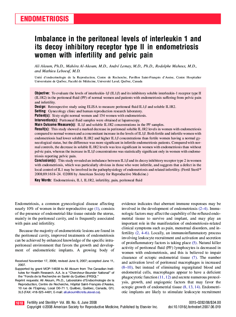 Imbalance in the peritoneal levels of interleukin 1 and its decoy inhibitory receptor type II in endometriosis women with infertility and pelvic pain 