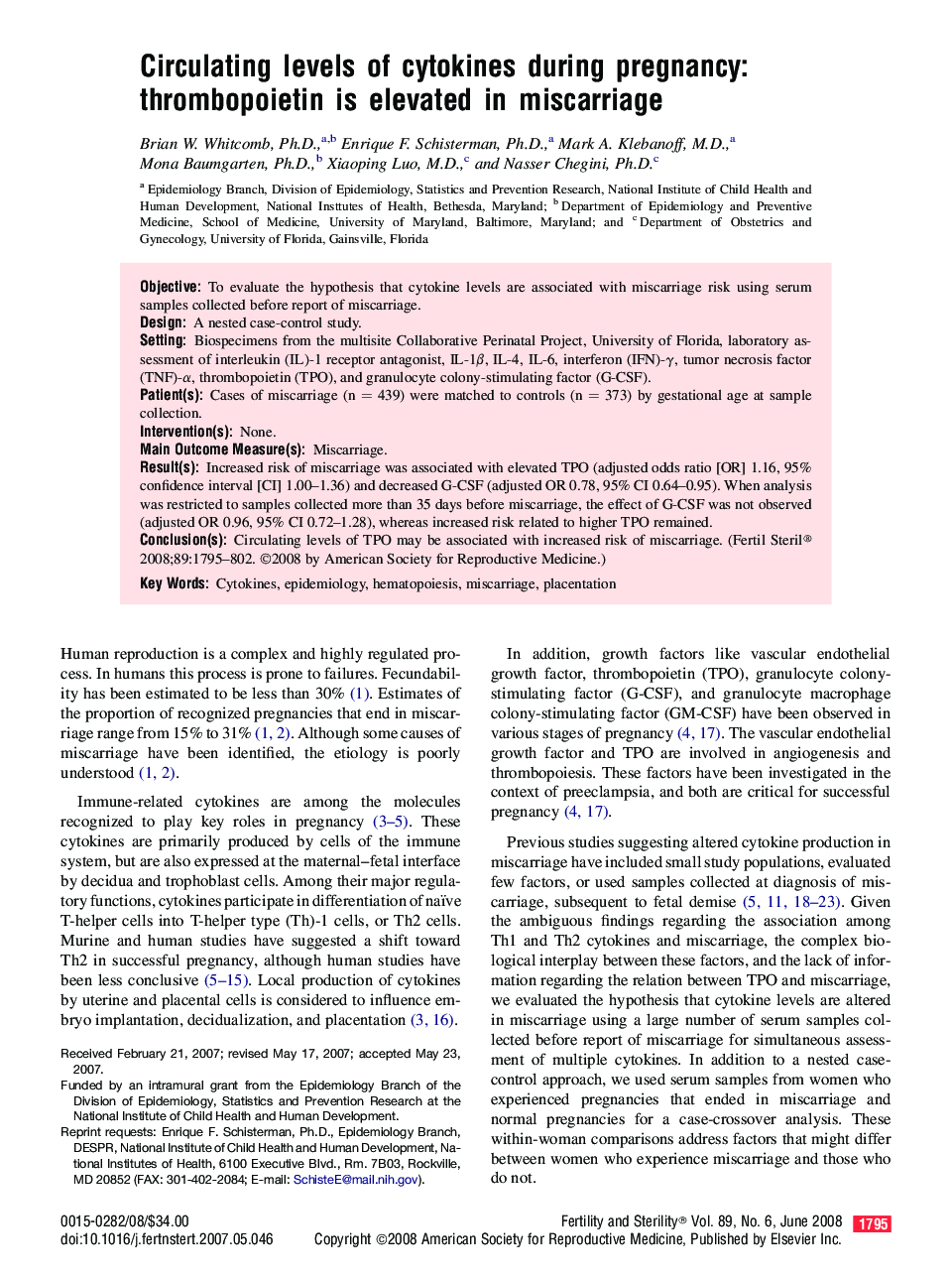 Circulating levels of cytokines during pregnancy: thrombopoietin is elevated in miscarriage 