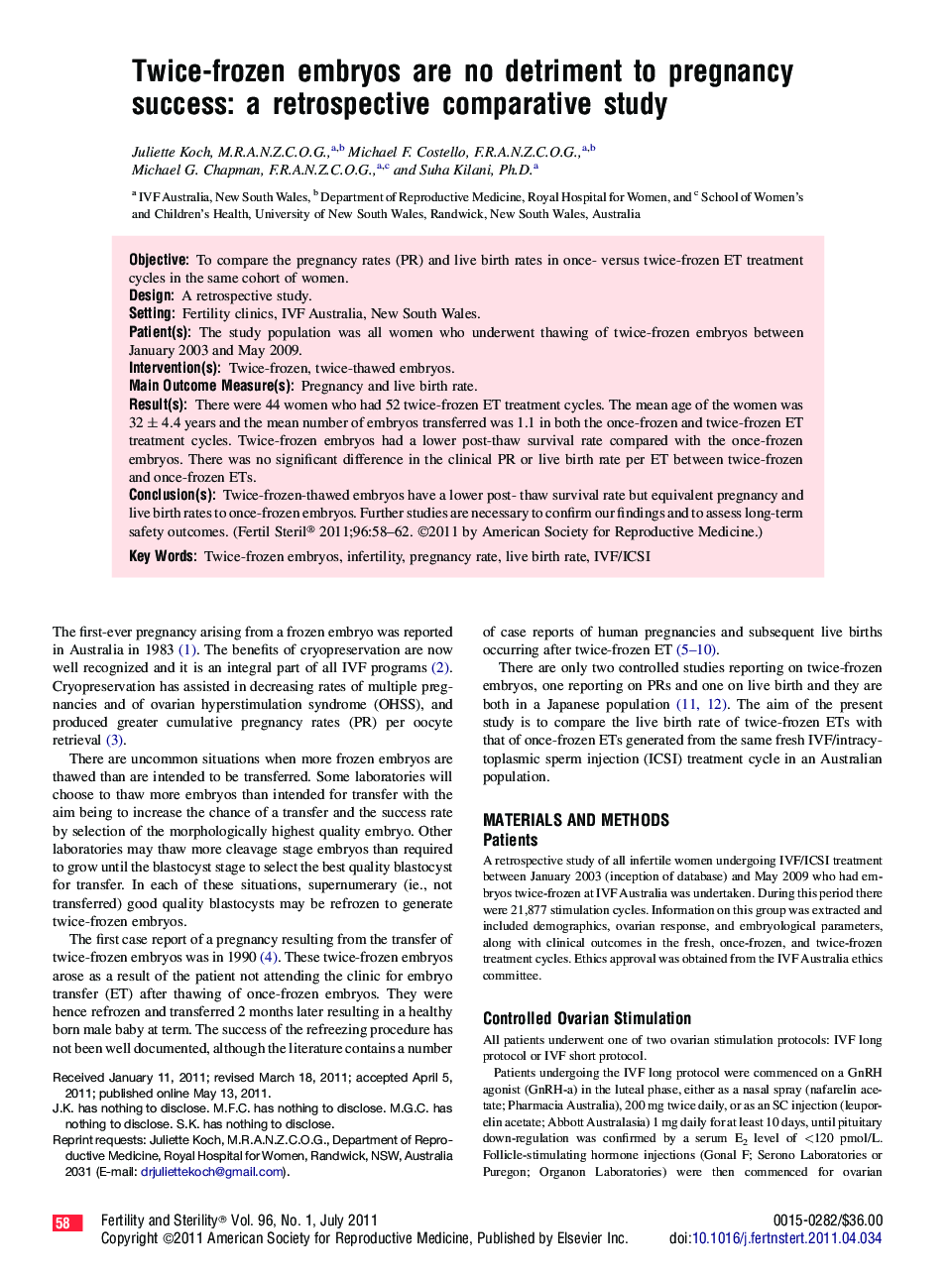 Twice-frozen embryos are no detriment to pregnancy success: a retrospective comparative study 