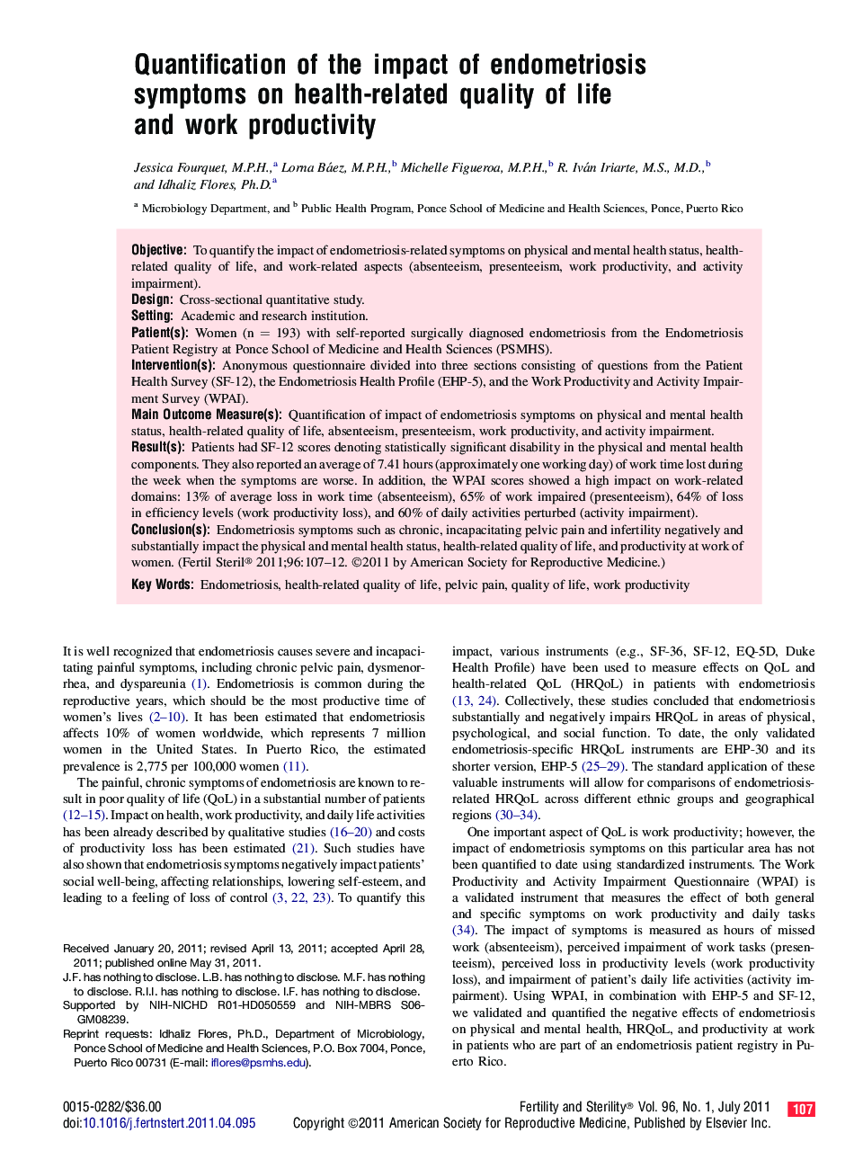 Quantification of the impact of endometriosis symptoms on health-related quality of life and work productivity 