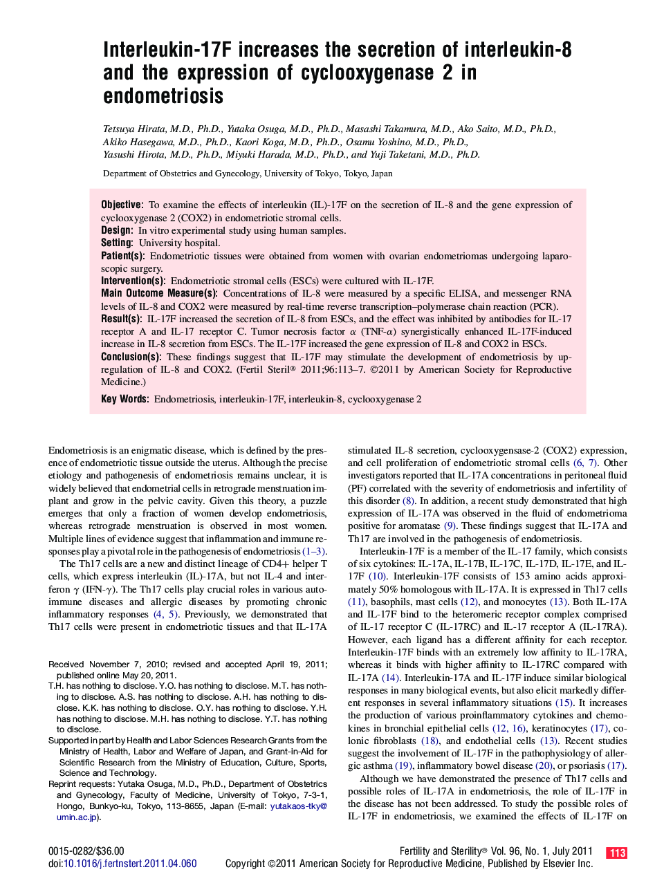 Interleukin-17F increases the secretion of interleukin-8 and the expression of cyclooxygenase 2 in endometriosis 