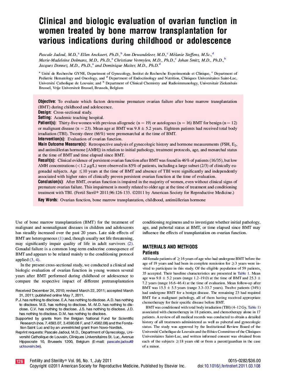 Clinical and biologic evaluation of ovarian function in women treated by bone marrow transplantation for various indications during childhood or adolescence