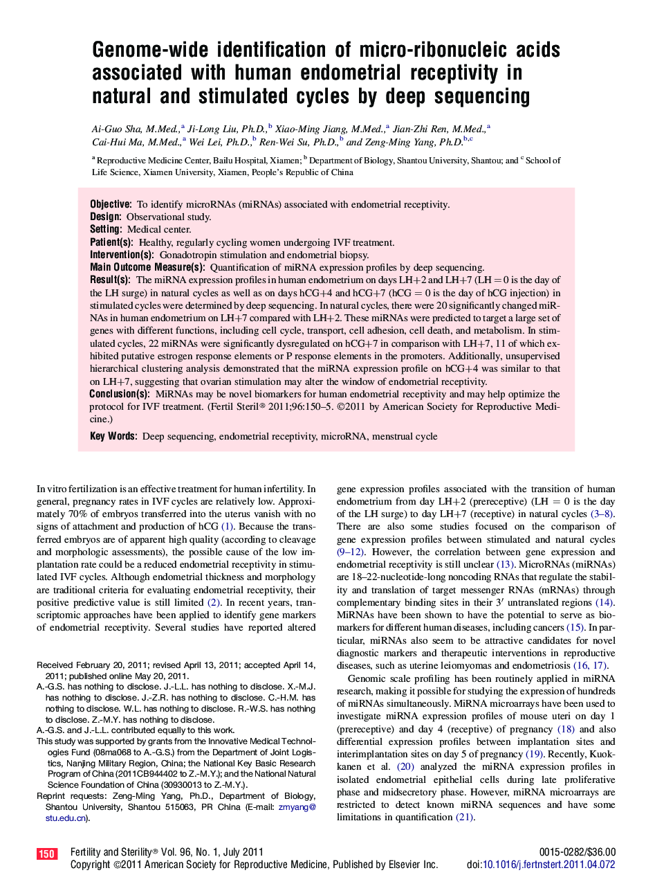 Genome-wide identification of micro-ribonucleic acids associated with human endometrial receptivity in natural and stimulated cycles by deep sequencing