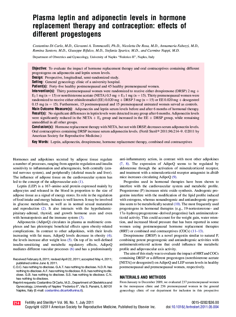 Plasma leptin and adiponectin levels in hormone replacement therapy and contraception: effects of different progestogens 