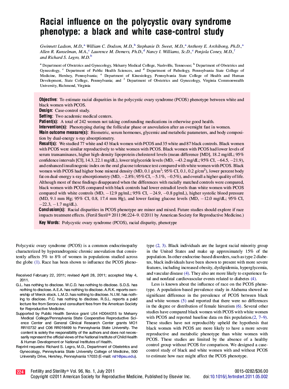 Racial influence on the polycystic ovary syndrome phenotype: a black and white case-control study