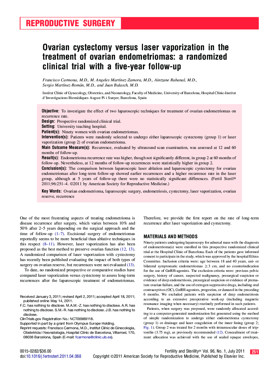 Ovarian cystectomy versus laser vaporization in the treatment of ovarian endometriomas: a randomized clinical trial with a five-year follow-up 