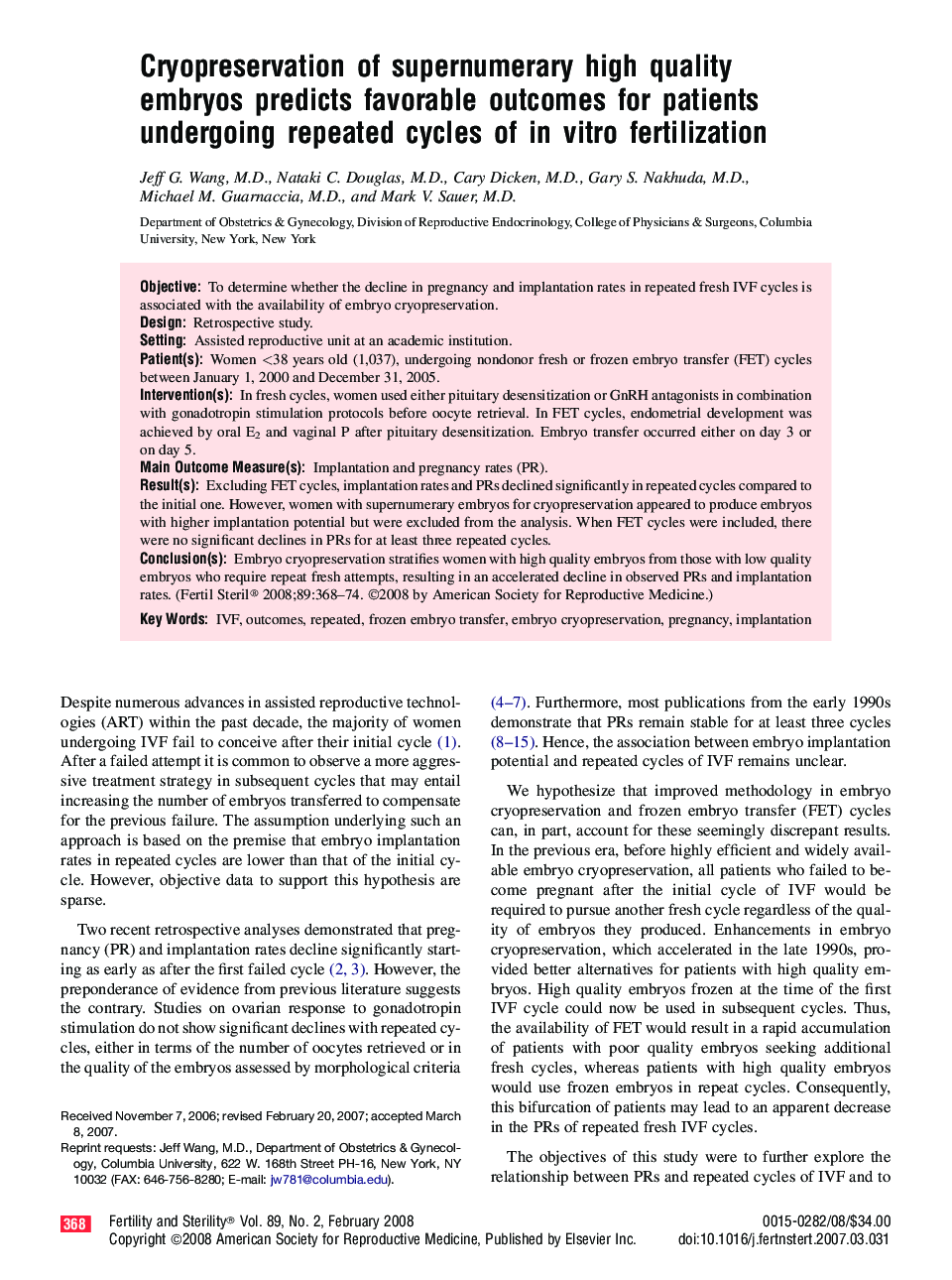 Cryopreservation of supernumerary high quality embryos predicts favorable outcomes for patients undergoing repeated cycles of in vitro fertilization