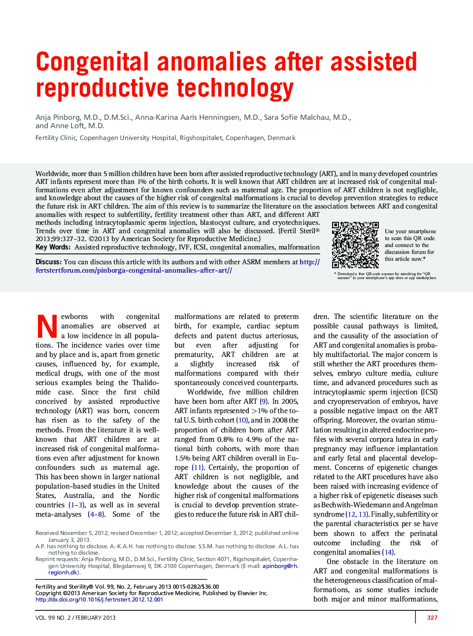 Congenital anomalies after assisted reproductive technology 