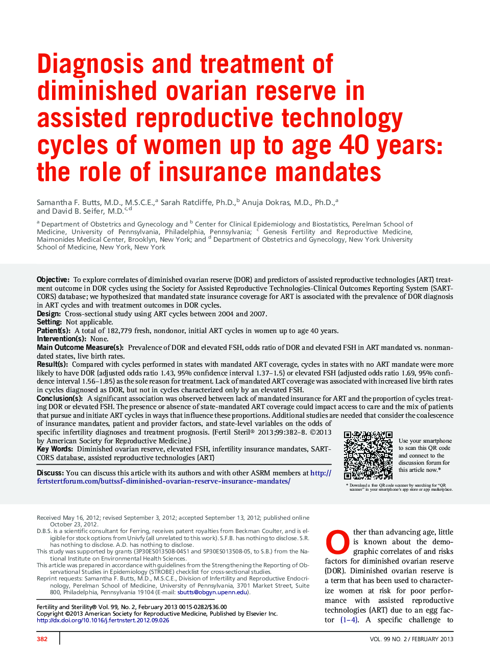 Diagnosis and treatment of diminished ovarian reserve in assisted reproductive technology cycles of women up to age 40 years: the role of insurance mandates