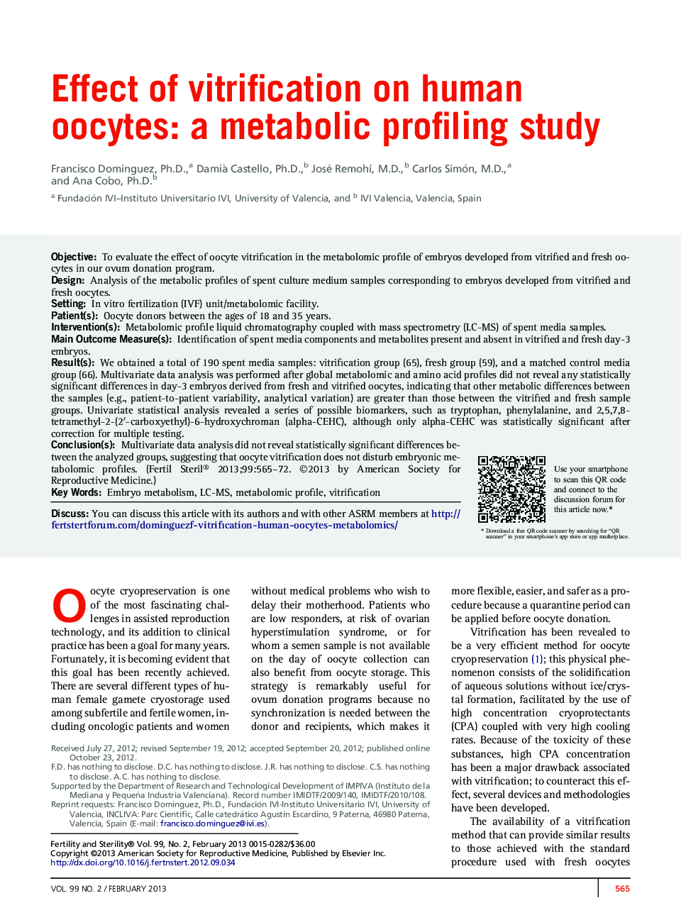 Effect of vitrification on human oocytes: a metabolic profiling study