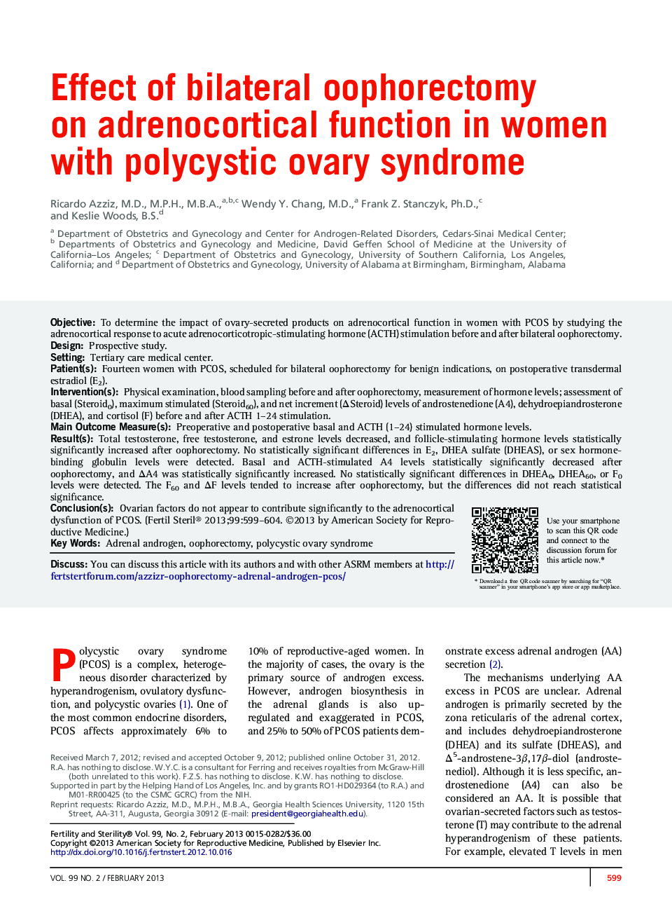Effect of bilateral oophorectomy on adrenocortical function in women with polycystic ovary syndrome 