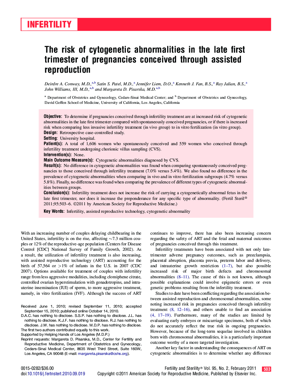 The risk of cytogenetic abnormalities in the late first trimester of pregnancies conceived through assisted reproduction 