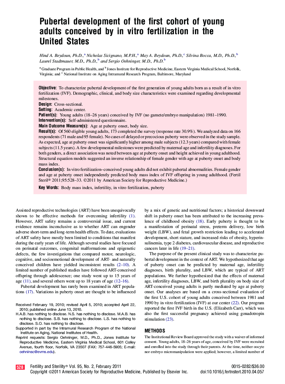 Pubertal development of the first cohort of young adults conceived by in vitro fertilization in the United States 