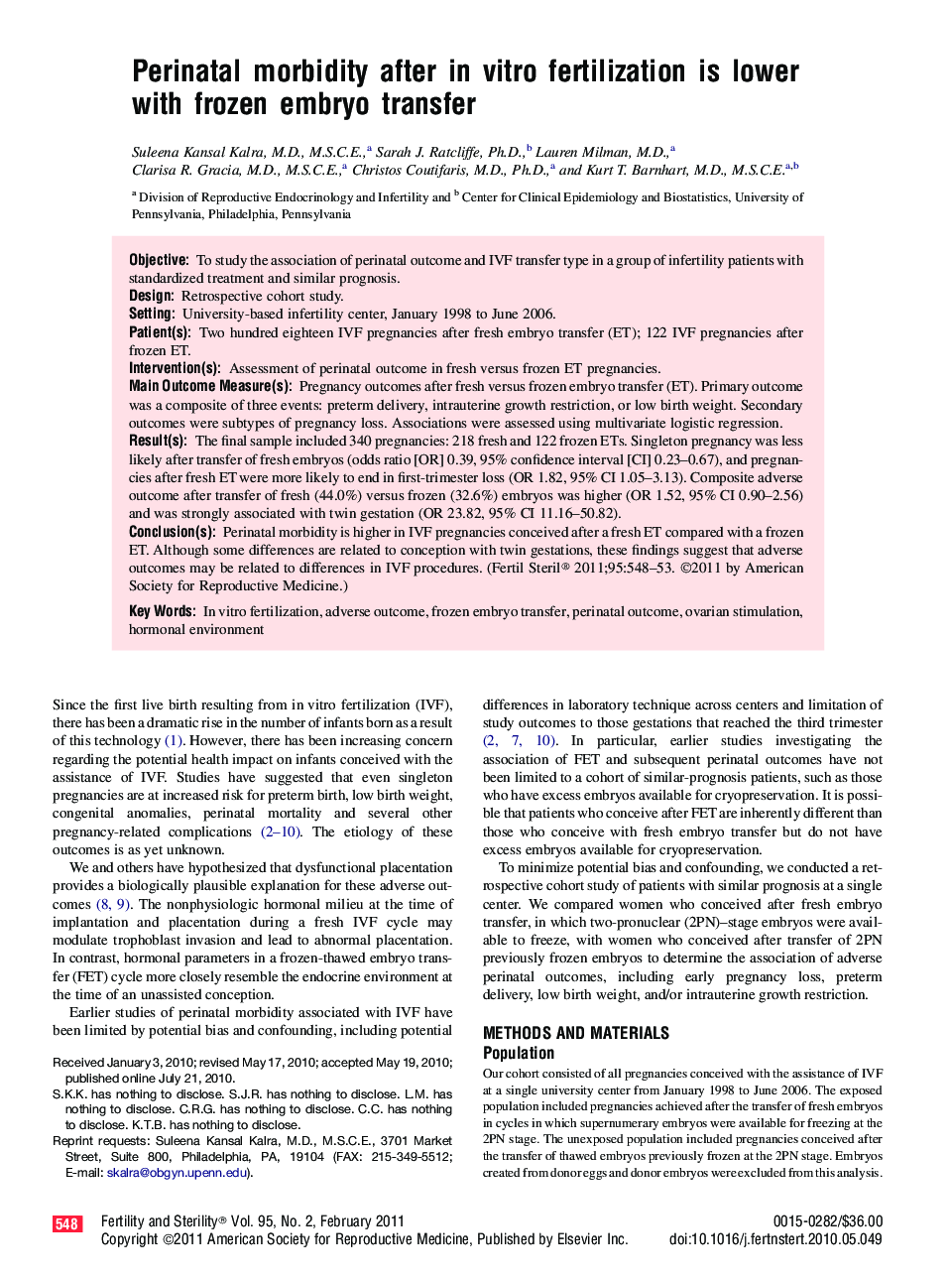 Perinatal morbidity after in vitro fertilization is lower with frozen embryo transfer 