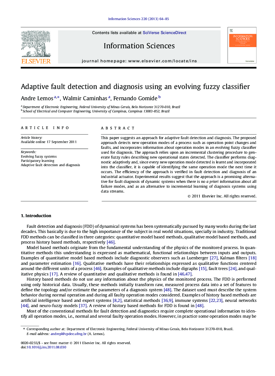 Adaptive fault detection and diagnosis using an evolving fuzzy classifier