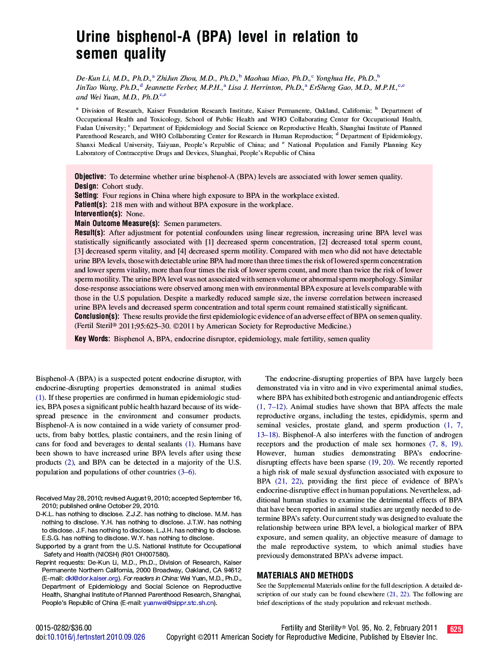 Urine bisphenol-A (BPA) level in relation to semen quality