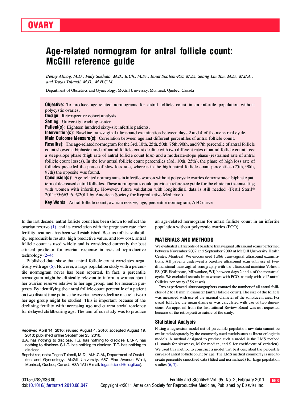 Age-related normogram for antral follicle count: McGill reference guide 