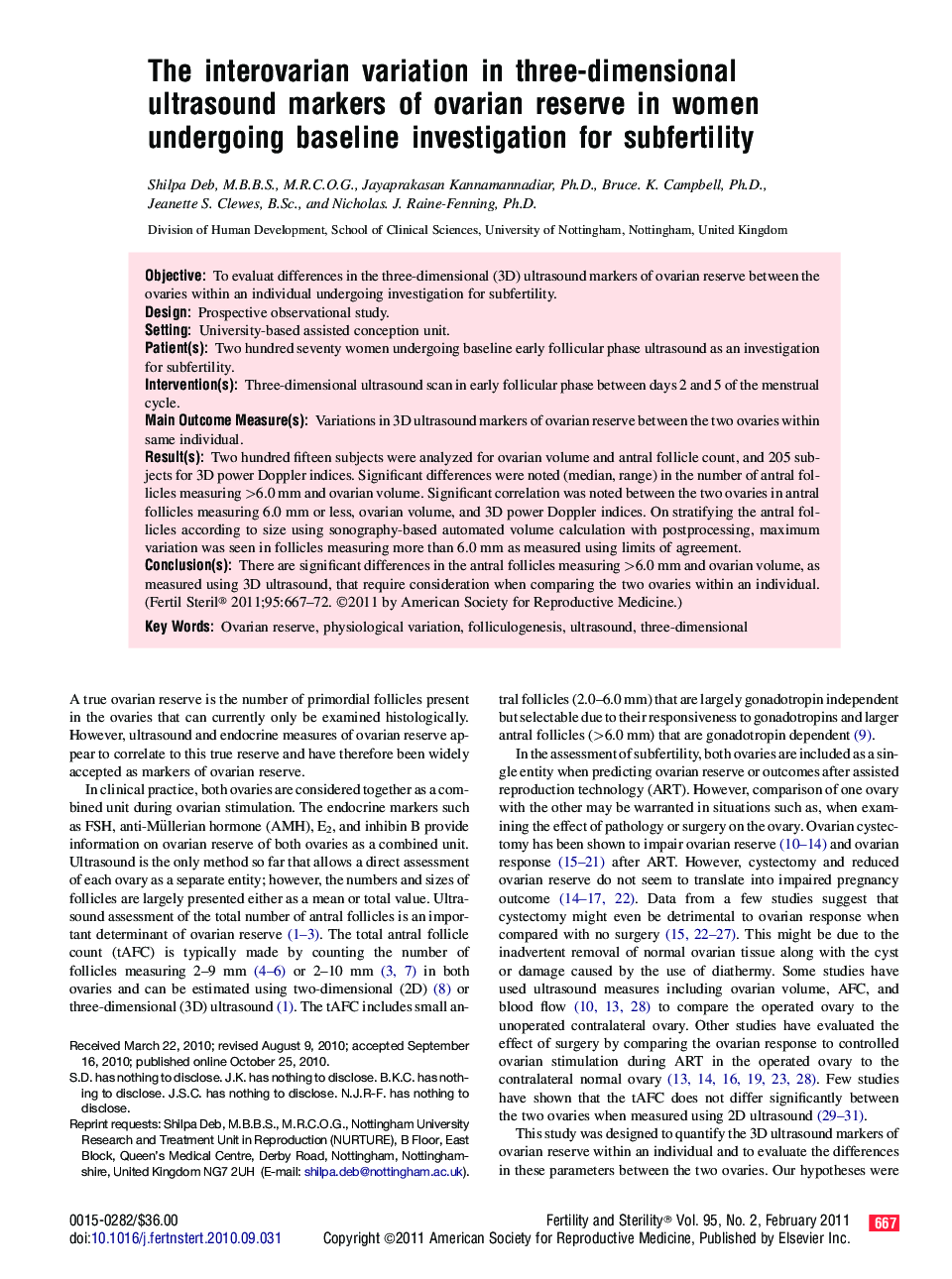 The interovarian variation in three-dimensional ultrasound markers of ovarian reserve in women undergoing baseline investigation for subfertility 