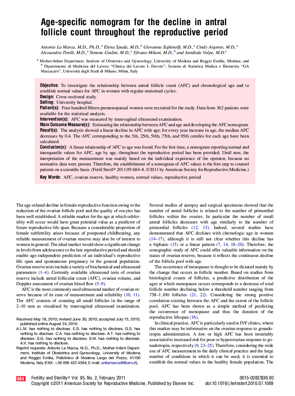 Age-specific nomogram for the decline in antral follicle count throughout the reproductive period 