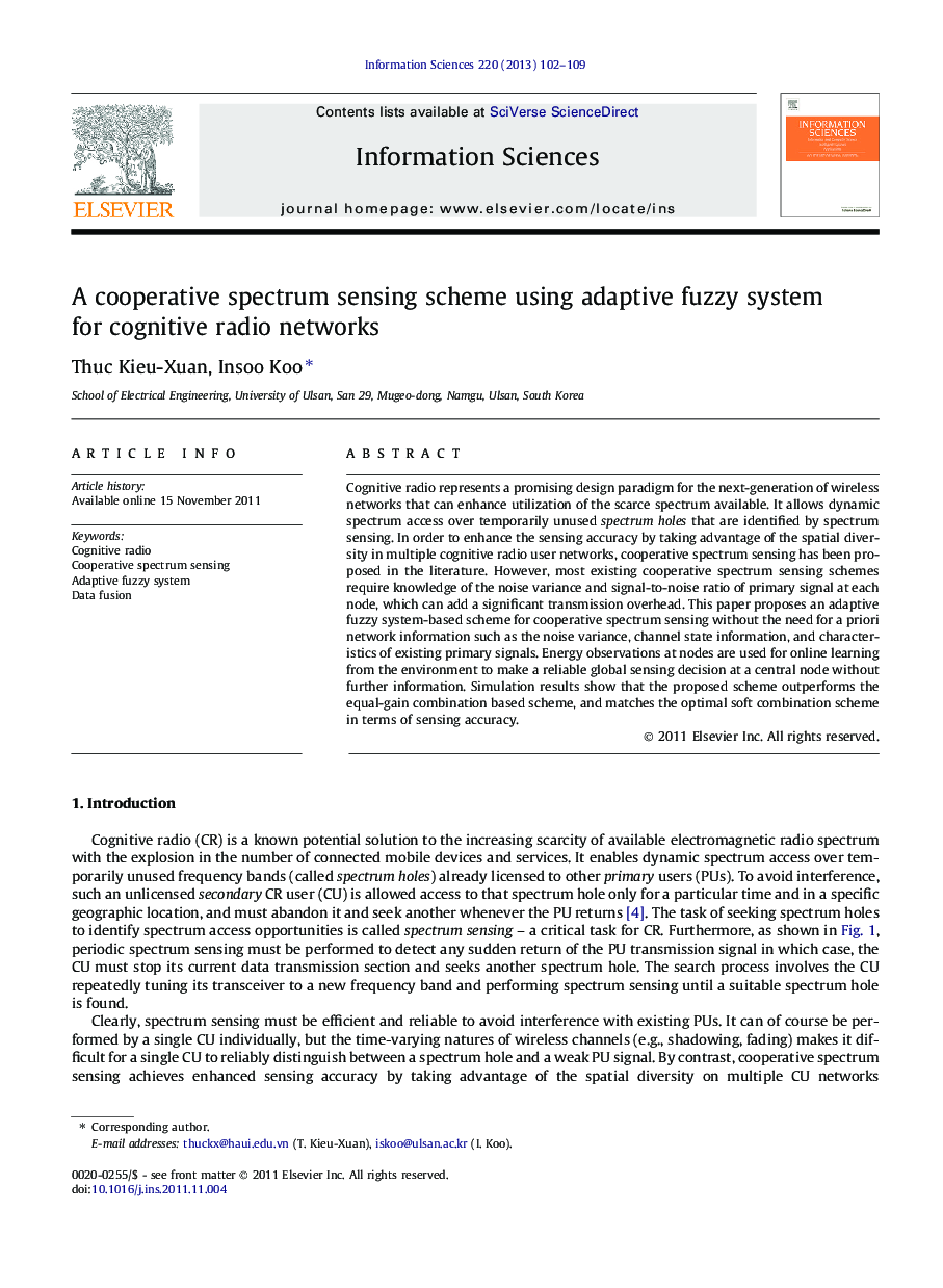 A cooperative spectrum sensing scheme using adaptive fuzzy system for cognitive radio networks