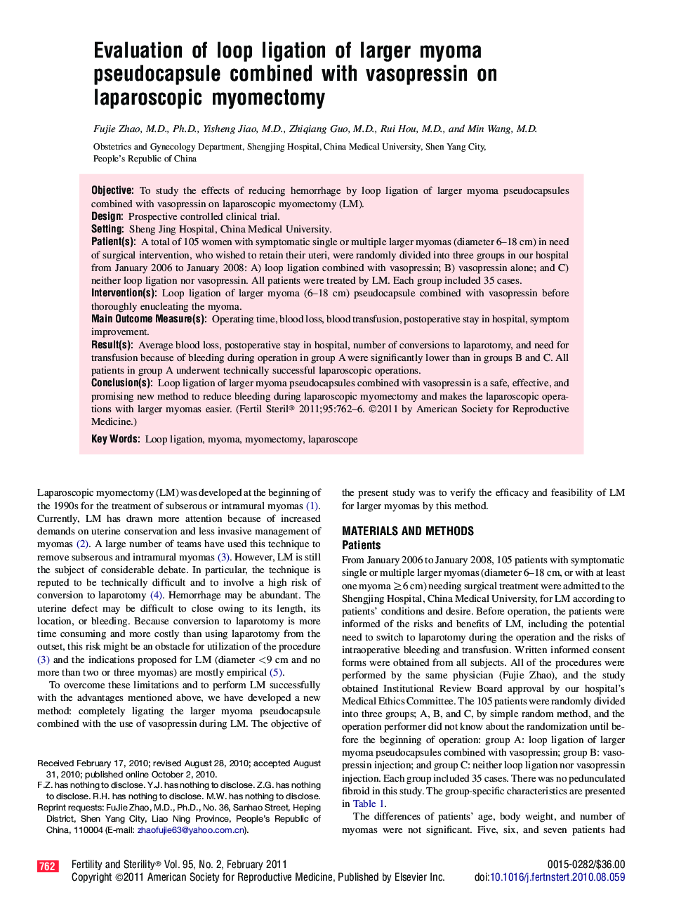 Evaluation of loop ligation of larger myoma pseudocapsule combined with vasopressin on laparoscopic myomectomy 