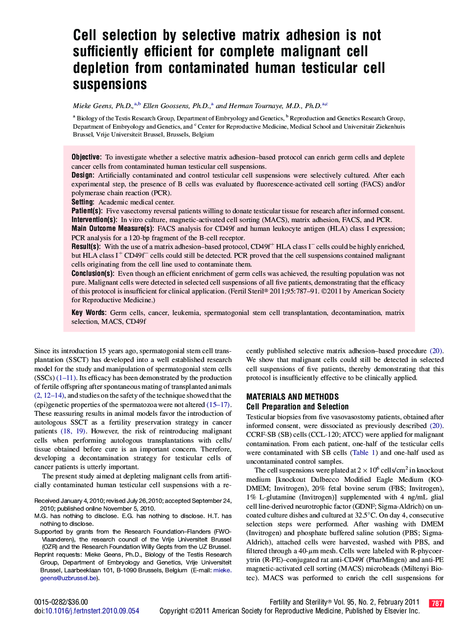 Cell selection by selective matrix adhesion is not sufficiently efficient for complete malignant cell depletion from contaminated human testicular cell suspensions 