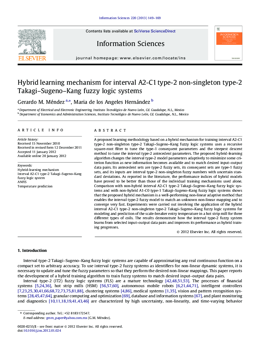 Hybrid learning mechanism for interval A2-C1 type-2 non-singleton type-2 Takagi–Sugeno–Kang fuzzy logic systems