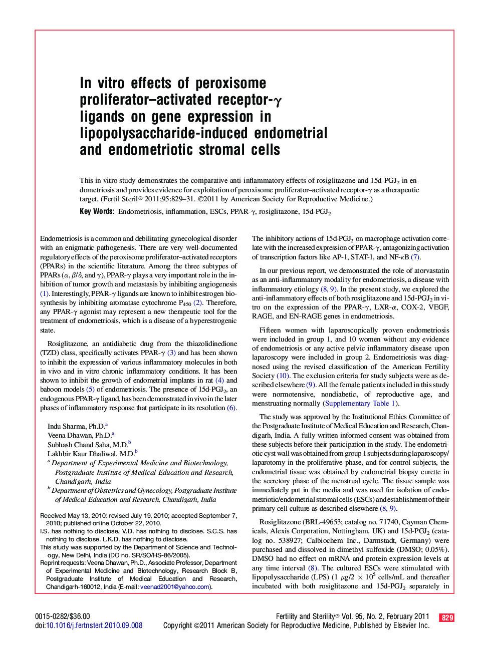 In vitro effects of peroxisome proliferator-activated receptor-Î³ ligands on gene expression in lipopolysaccharide-induced endometrial and endometriotic stromal cells