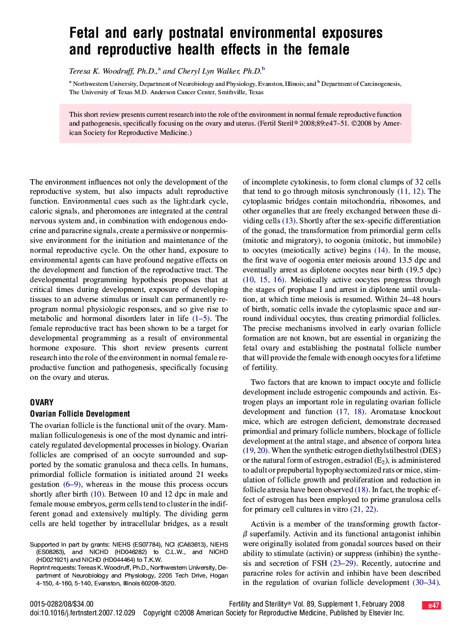 Fetal and early postnatal environmental exposures and reproductive health effects in the female 