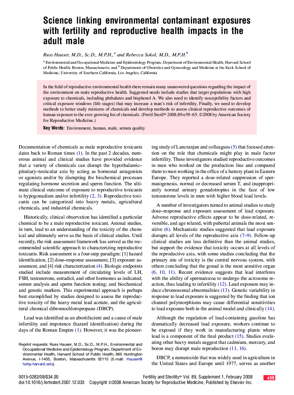 Science linking environmental contaminant exposures with fertility and reproductive health impacts in the adult male