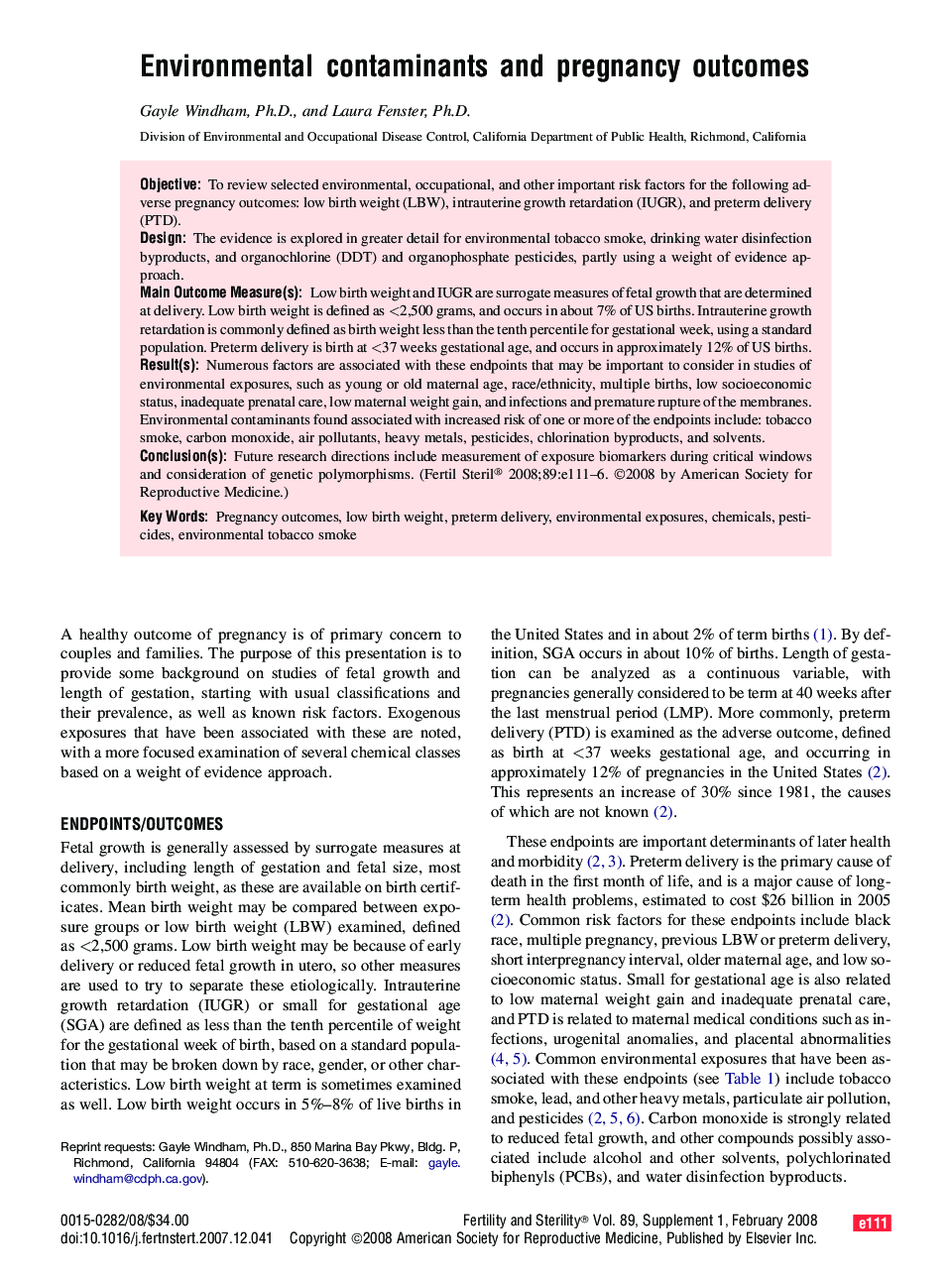 Environmental contaminants and pregnancy outcomes