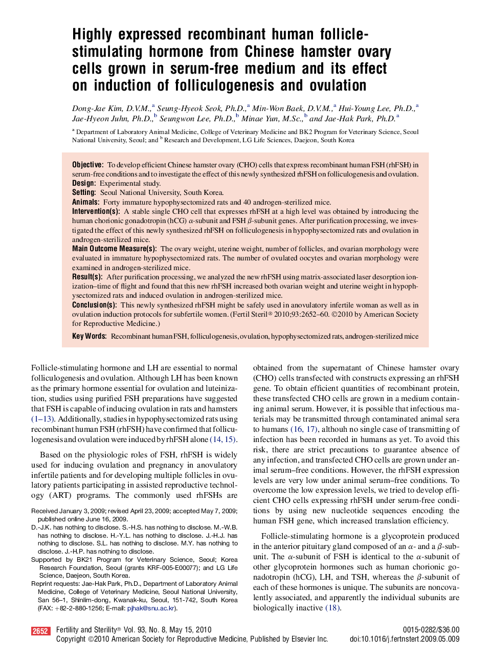 Highly expressed recombinant human follicle-stimulating hormone from Chinese hamster ovary cells grown in serum-free medium and its effect on induction of folliculogenesis and ovulation 