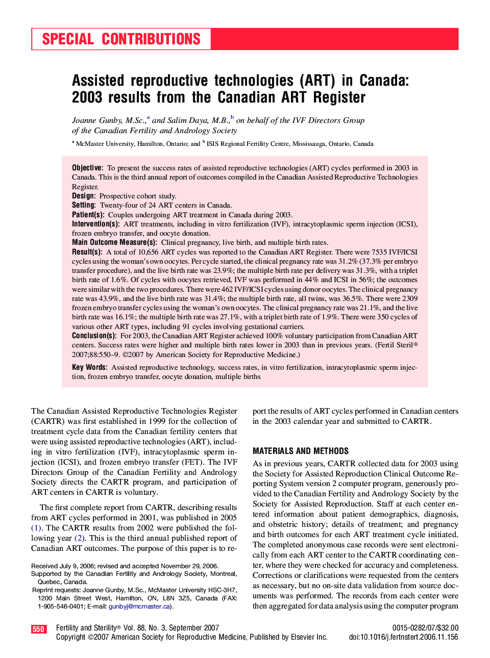Assisted reproductive technologies (ART) in Canada: 2003 results from the Canadian ART Register 