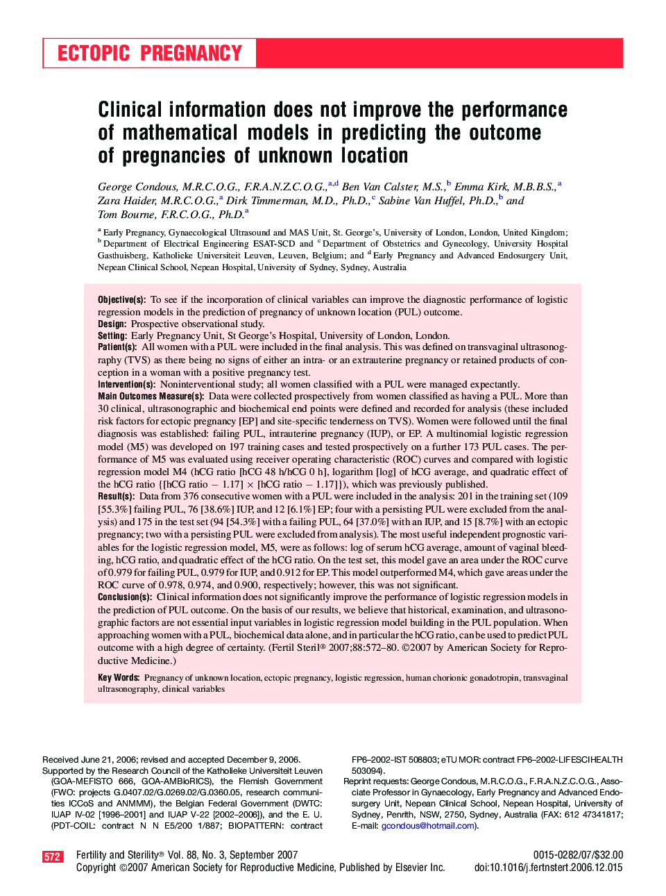 Clinical information does not improve the performance of mathematical models in predicting the outcome of pregnancies of unknown location 