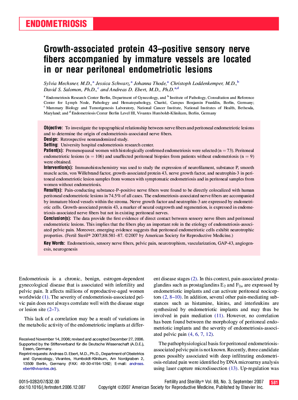 Growth-associated protein 43–positive sensory nerve fibers accompanied by immature vessels are located in or near peritoneal endometriotic lesions 