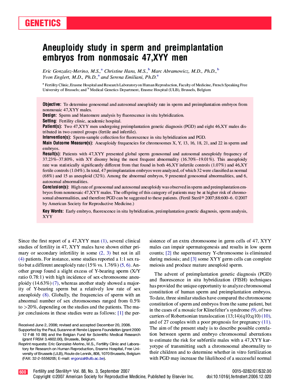 Aneuploidy study in sperm and preimplantation embryos from nonmosaic 47,XYY men 