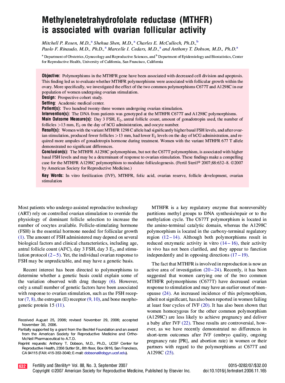Methylenetetrahydrofolate reductase (MTHFR) is associated with ovarian follicular activity 