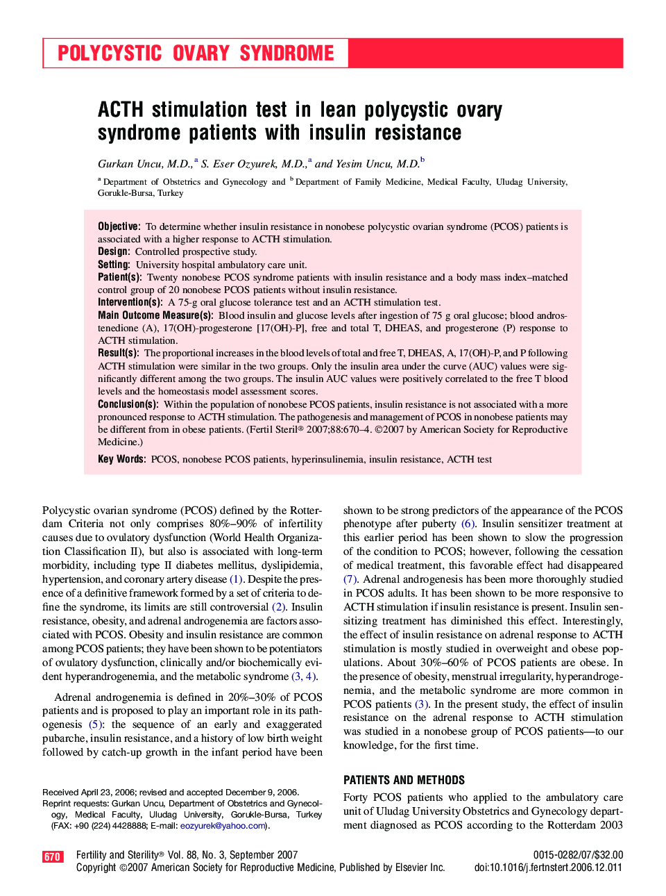 ACTH stimulation test in lean polycystic ovary syndrome patients with insulin resistance