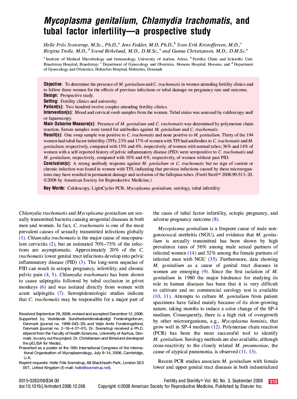 Mycoplasma genitalium, Chlamydia trachomatis, and tubal factor infertility—a prospective study 