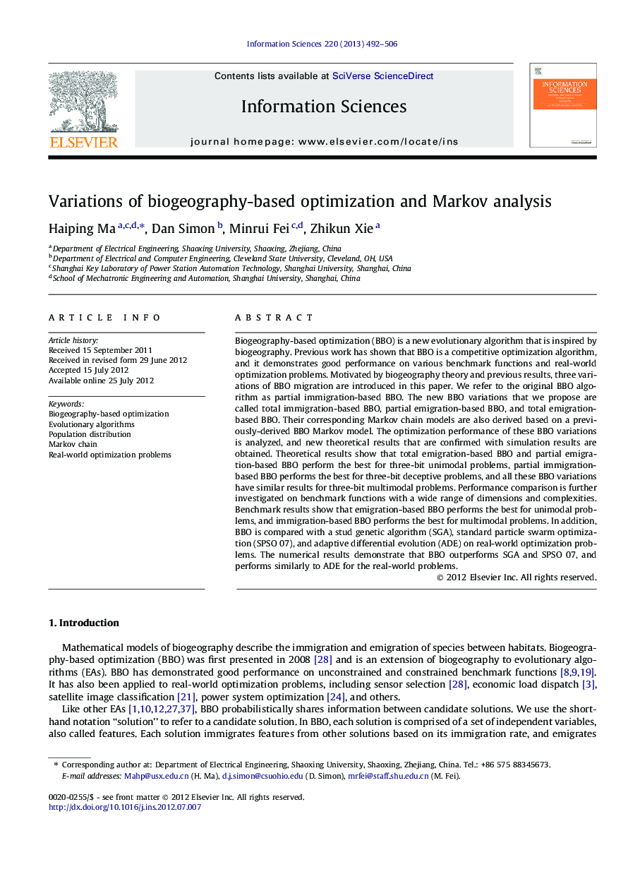 Variations of biogeography-based optimization and Markov analysis