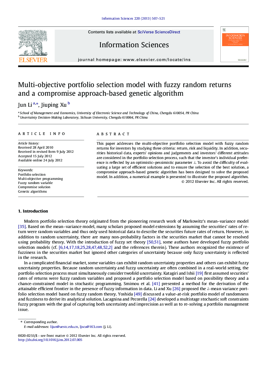 Multi-objective portfolio selection model with fuzzy random returns and a compromise approach-based genetic algorithm