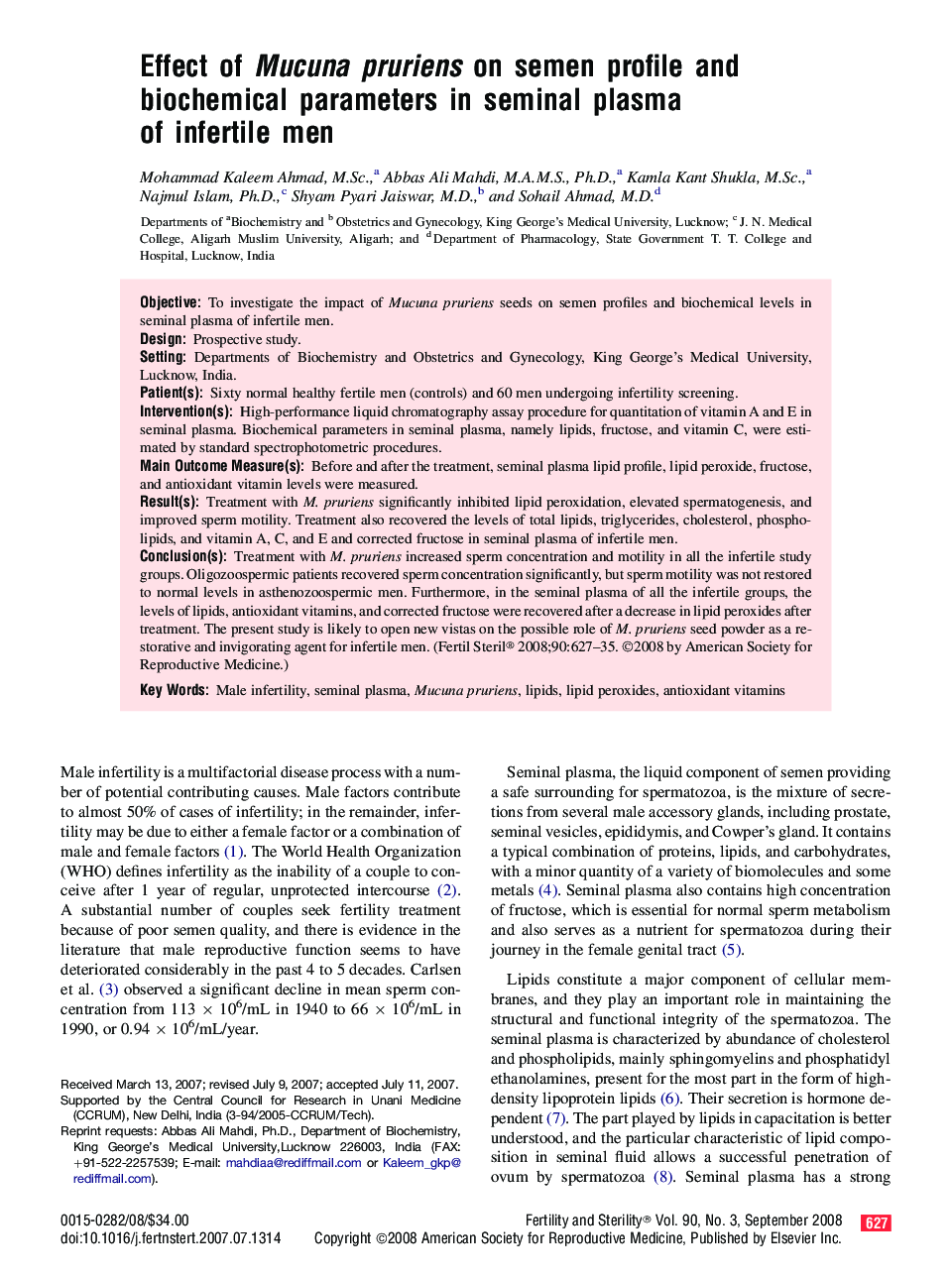 Effect of Mucuna pruriens on semen profile and biochemical parameters in seminal plasma of infertile men 
