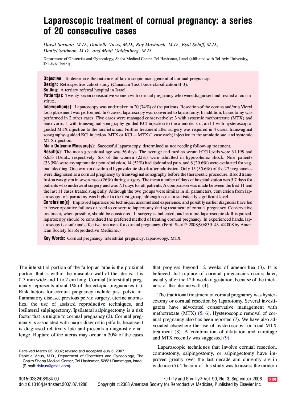 Laparoscopic treatment of cornual pregnancy: a series of 20 consecutive cases